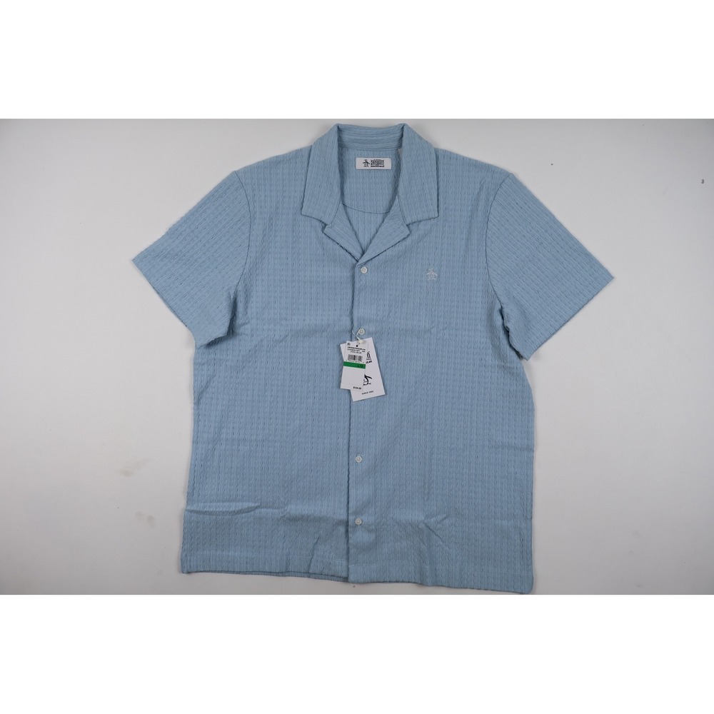 Original Penguin Shirt Camp Collar Cool Blue Textured Knit Large NWT 104